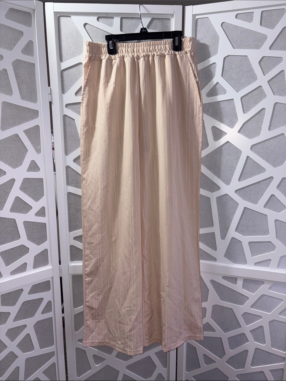 Elastic-Waist Wide-Leg Trousers in Light Beige